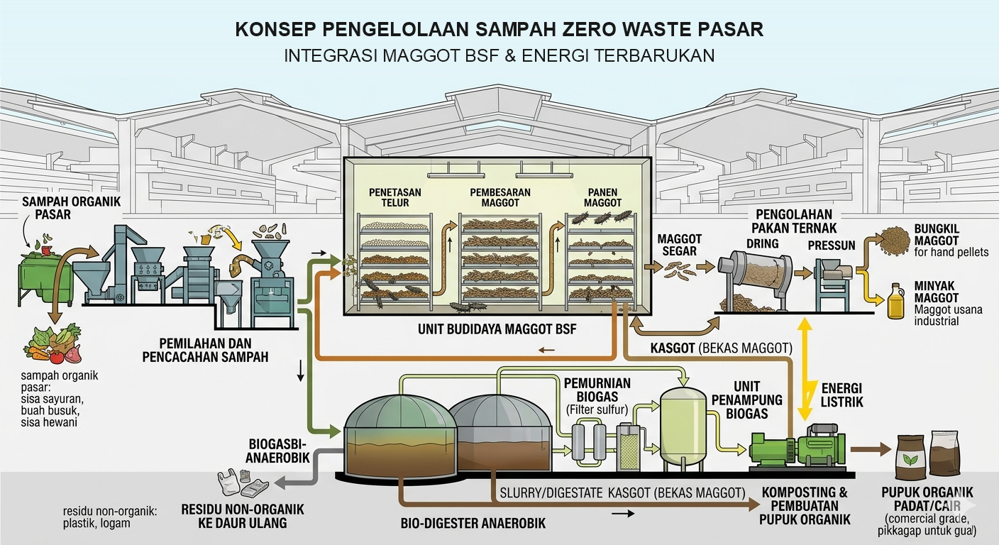 Diagram konsep pengelolaan sampah zero waste pasar dengan maggot BSF dan energi terbarukan